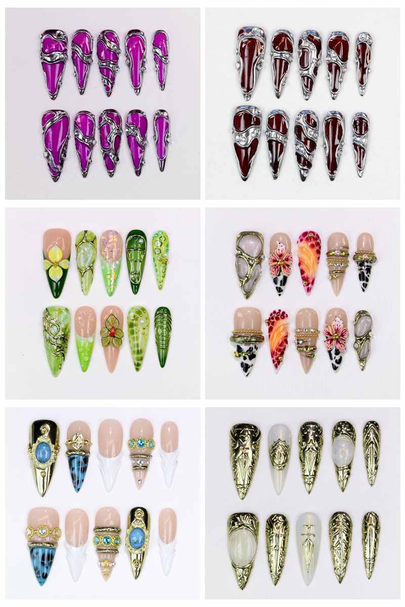 Resin Art Of Flowers - 10Pcs Long Stiletto Press-On Nails Glossy